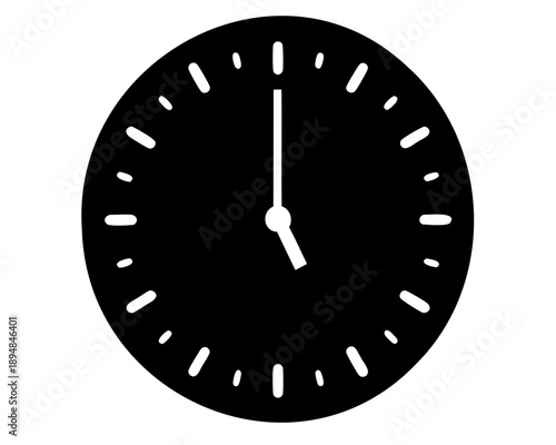 Black and white clock showing five o'clock time with minute indicators