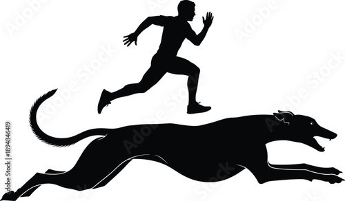 Dynamic vector illustration showing a fast running man silhouette racing above a speeding greyhound, symbolizing motion, competition, athletic power, speed, and energetic action, 