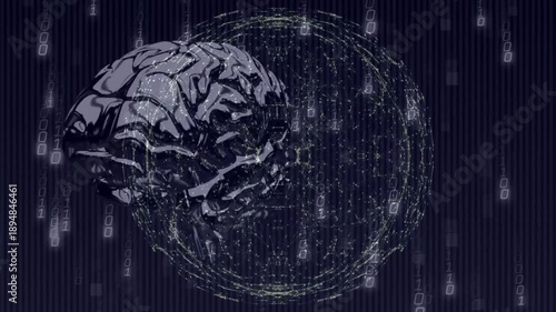 Digital brain surrounded by binary code and network connections animation