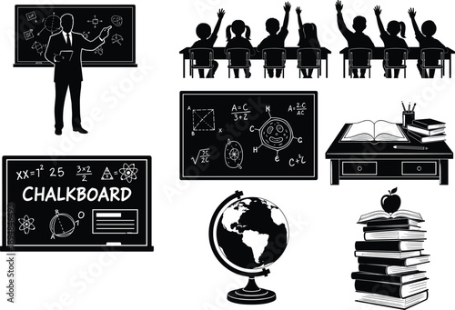 Education vector illustration set, classroom learning, teacher with chalkboard, students raising hands, school desk, books, globe, and study concept icons