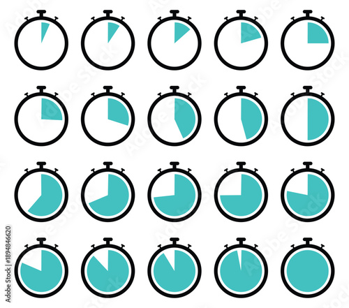 Stopwatch Timing Icons. Set of Clock Timer Icons with Countdown Intervals. Countdown clock stopwatch, timer vector illustration.