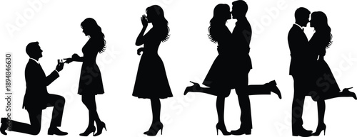 Black romantic proposal and love couple silhouette vector set showing engagement, surprise reaction, hugging, kissing, and relationship moments isolated on white background
