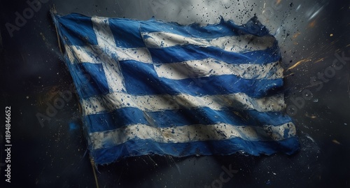 distressed greek flag waving with dramatic splash and particle effects on dark background