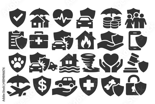 Insurance icons collection: health, auto, home, pet, travel, financial protection symbols.