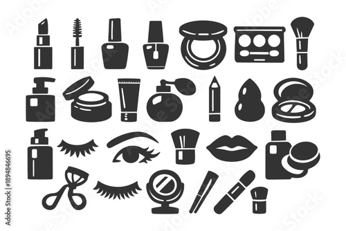 Collection of makeup tools and cosmetics icons in black and white.
