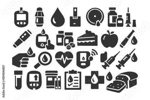 Diabetes and health icons: glucose, insulin, monitoring, diet, heart.