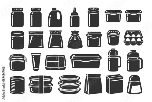 Monochrome icons of various household containers and packaging items.