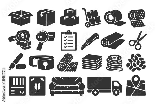 Shipping and packaging essentials: boxes, tape, tools, and symbols for safe delivery.