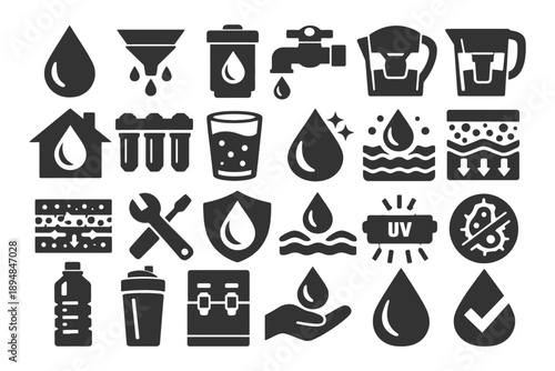 Water filtration icons set with purification, hydration, and safety symbols.