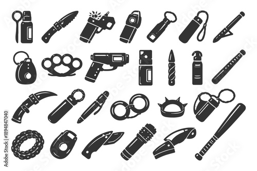 Collection of personal self-defense weapons and tools icons in black silhouettes.