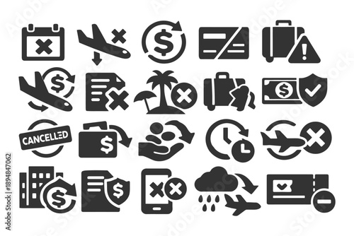 Travel and cancellation icon set featuring airplanes, documents, and money symbols.