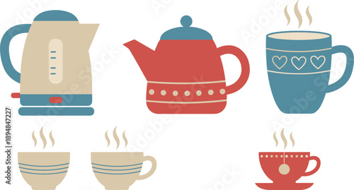 Kitchen Drinkware Collection with Teapot Kettle Coffee Cups and Mug Vector Illustration Set