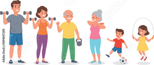 Multi Generation Family Exercising with Dumbbells and Outdoor Activities Vector Illustration
