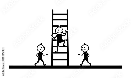 Ambitious stick figure ascends a ladder, symbolizing personal growth and overcoming challenges with peers