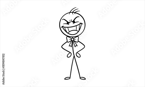 Vector illustration of a furious and evil-looking stickman character, showcasing extreme rage and a sinister grin