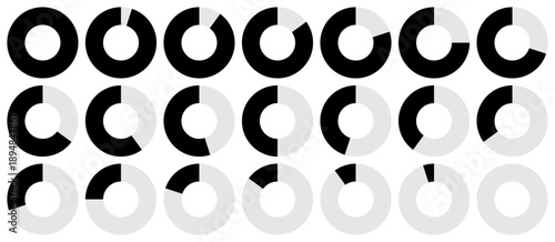 Minimalist vector donut charts with no numbers from 0% to 100% in 5 %, using monochrome segments for infographics, UI elements, and reports.