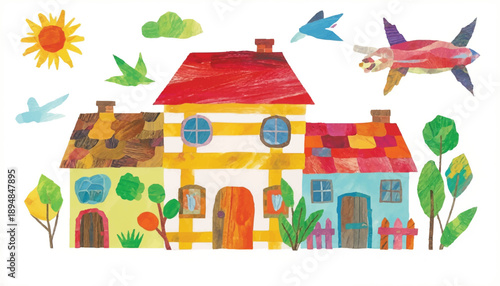 A colorful drawing of a house with trees and animals.