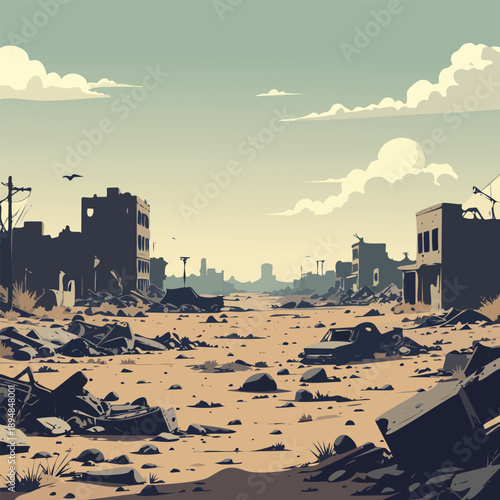 Post-apocalyptic wasteland with crumbling buildings and scavenging survivors