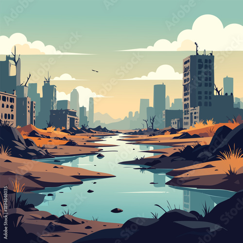 Post-apocalyptic wasteland with crumbling buildings and scavenging survivors