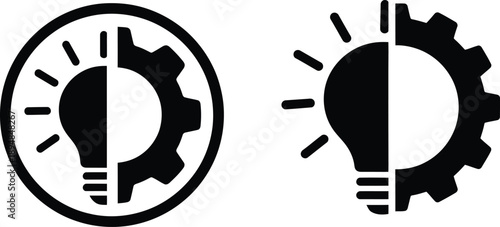 Icon set representing the intersection of idea generation and mechanical engineering or process implementation