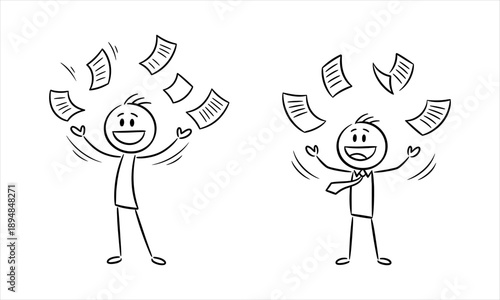 Two happy stick figures juggling papers in the air with joy