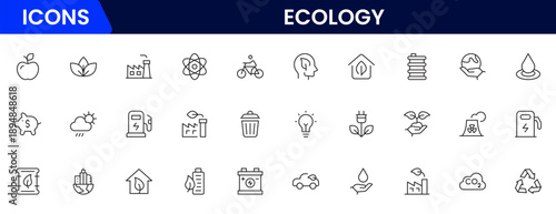 Ecology icon set. Environment, sustainability, nature, recycle, renewable energy, electric bike, eco-friendly, forest, wind power, green symbol vector collection.