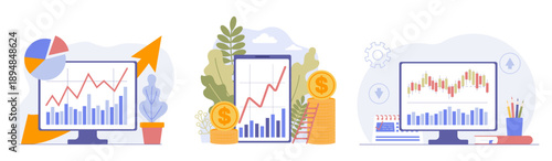 Investment concept. Financial charts, investment analysis, and financial growth. Flat vector illustration for websites, banners, posters, and advertising.