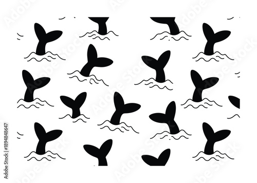 Whimsical Vector illustration Black and White Whale Tail Pattern
