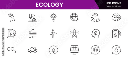 Ecology icon set. Environment, sustainability, nature, recycle, renewable energy, electric bike, eco-friendly, forest, wind power, green symbol vector collection.