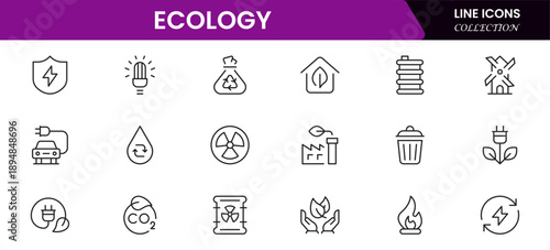 Ecology icon set. Environment, sustainability, nature, recycle, renewable energy, electric bike, eco-friendly, forest, wind power, green symbol vector collection.