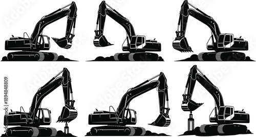 Excavator machinery silhouettes set showing hydraulic digger construction equipment in multiple working positions black vector illustration isolated on white background