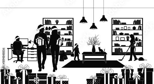 Family Christmas celebration silhouette indoors with gift boxes parents children and home interior festive holiday scene black vector illustration