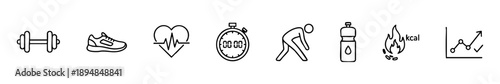 Minimal fitness icons: dumbbell, shoe, heart rate, stopwatch, hydration, calories, progress chart.