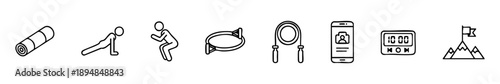 Minimal home workout icons: mat, push-up, squat, resistance band, jump rope, fitness app, timer, goal.