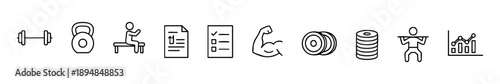Minimal fitness icons: barbell, bench, checklist, flexed arm, weight plates, lifting, progress chart.