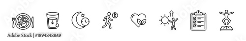 Minimal healthy lifestyle icons: nutrition, hydration, sleep, movement, wellness, positivity, goals, weight.