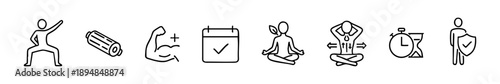 Set of minimalist fitness and wellness line icons featuring yoga, strength, recovery, and healthy lifestyle.