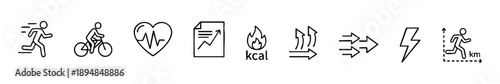   Minimal fitness tracking icons: running, cycling, heart rate, calories, speed, energy, and distance.