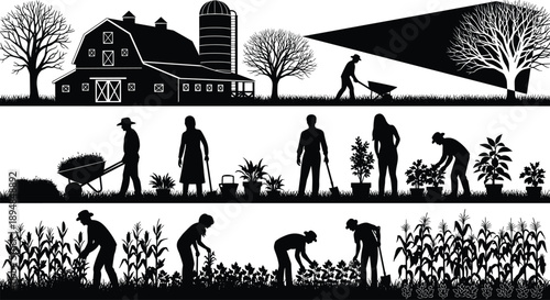 Farm agriculture silhouettes showing farmers planting watering harvesting crops rural countryside scenes black vector illustration isolated on white background