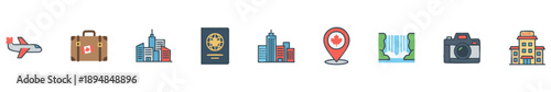 Colorful Canada travel icons: airplane, suitcase, passport, cityscape, waterfall, location pin, hotel, camera.