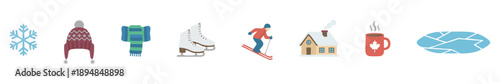 Colorful winter icons: snowflake, hat, scarf, ice skates, skier, cozy house, hot drink, cracked ice.