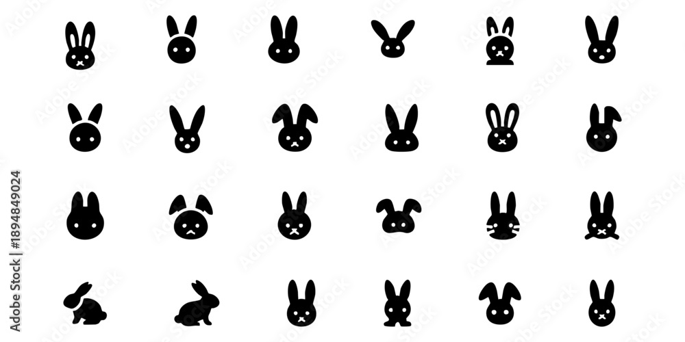Obraz premium Rabbit silhouette icons: 25 designs with varied ears, faces, and full-body profiles.