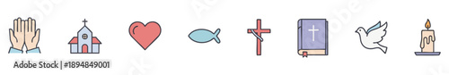 Christian icons: praying hands, church, heart, fish, cross, Bible, dove, candle.