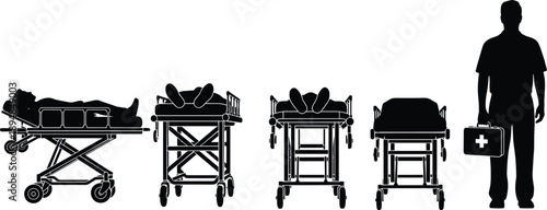 Hospital stretcher and medical emergency silhouettes set showing patient transport gurney and healthcare worker black vector illustration isolated