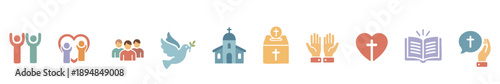 Faith and community icons: unity, heart, dove, church, donation, prayer, Bible, evangelism.