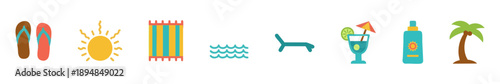 Summer beach icons: flip-flops, sun, towel, waves, lounge chair, tropical drink, sunscreen, palm tree.