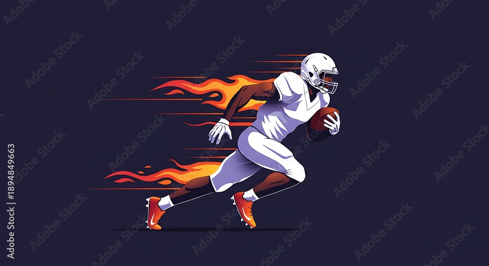 Naklejka premium Dynamic illustration of a powerful football player accelerating with explosive speed, leaving a trail of fiery energy, capturing the intensity and athleticism of the game
