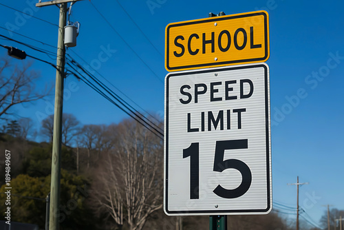 School speed limit 15 sign, traffic control for children safety