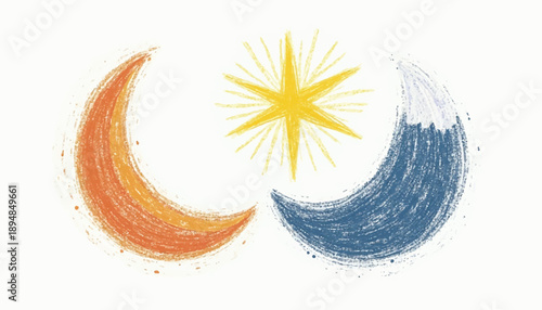 Crescent moon phases with sun symbol.