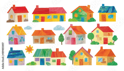 Colorful cartoon houses and buildings illustration.